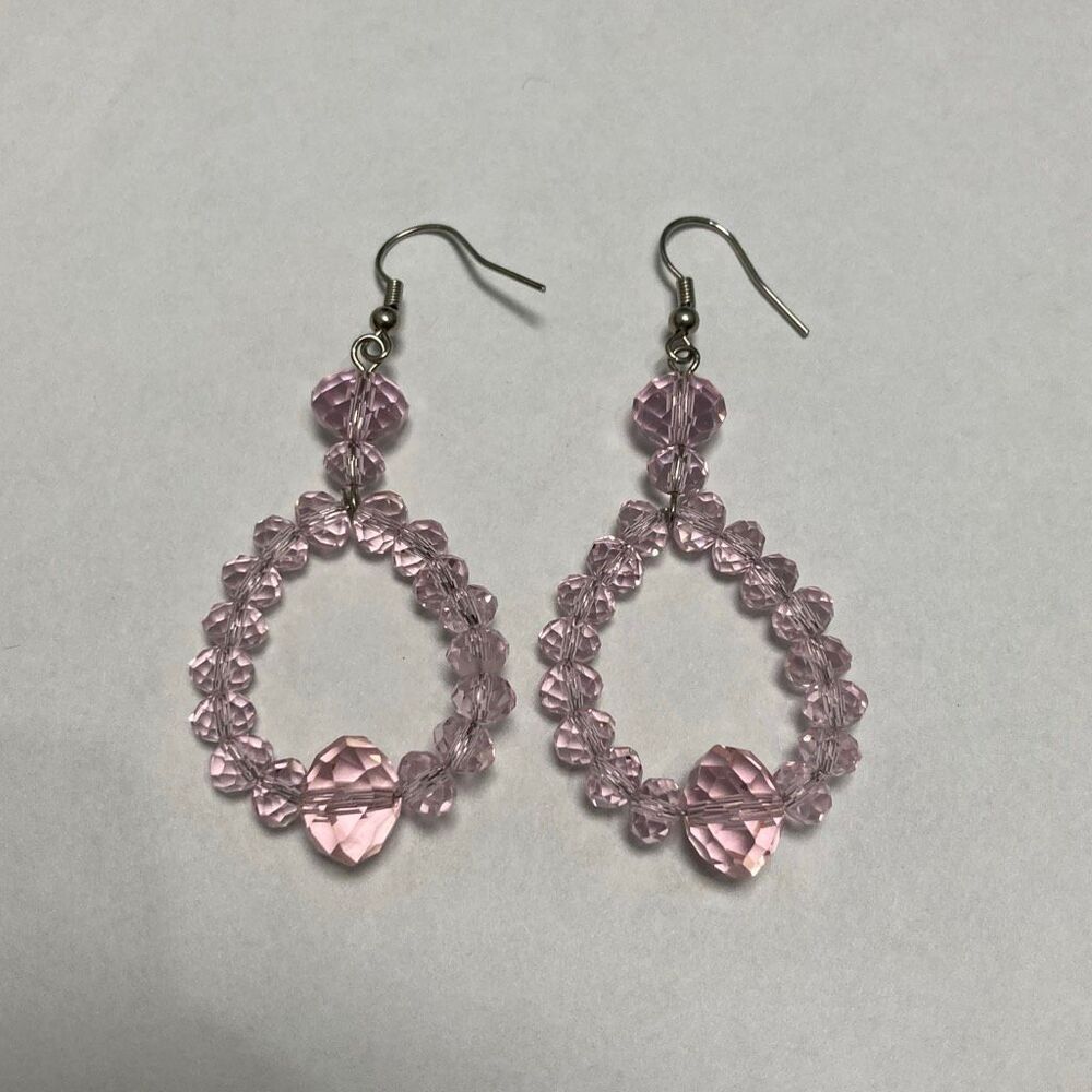 Pink Crystal Teardrop Dangle Earrings Faceted Beaded